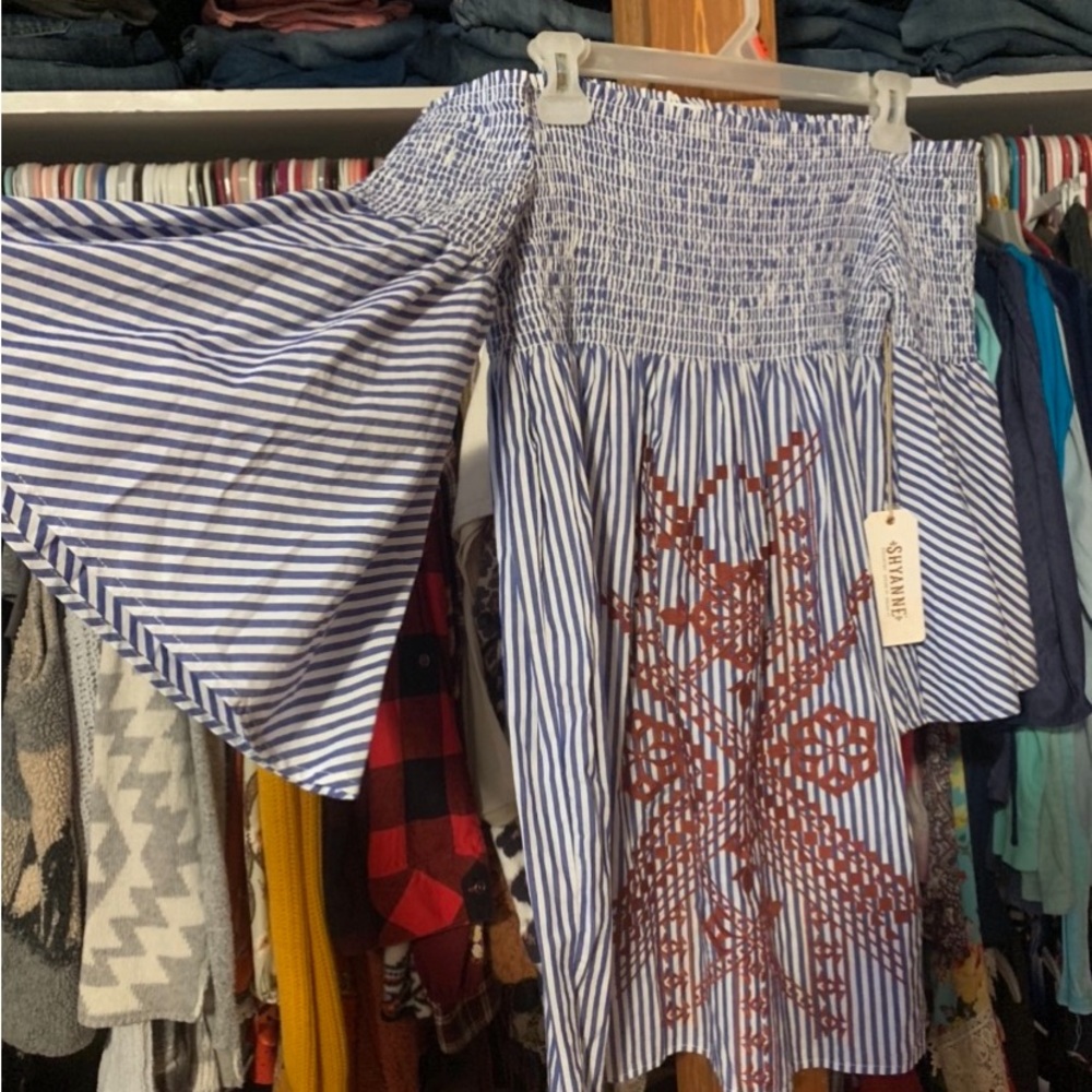 Anthropologie Blue Mini Skirt with Smocked Waistband and Embellished Design